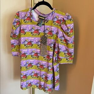 Nooworks Puff top 3/4 length with Jammin Cartoon Print in Purple and Green